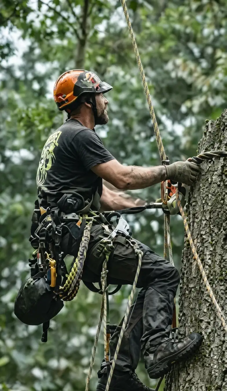 Licensed and insured tree service crew using professional equipment and safe rigging techniques